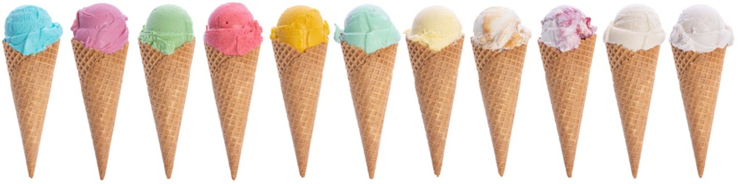 Colorful Ice Cream Cones On White