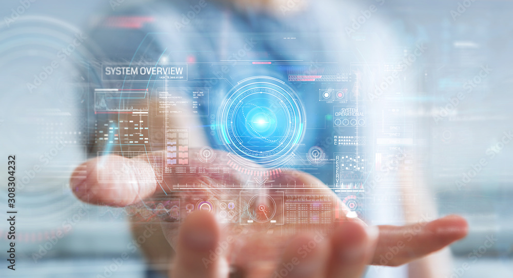 Poster Businessman using digital technological interface with datas 3D rendering