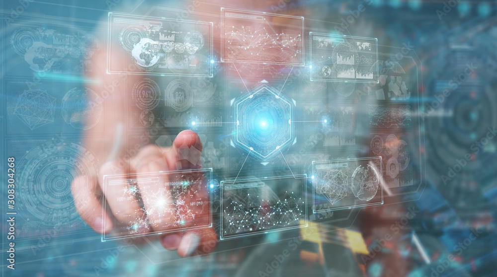 Poster Woman using digital technological interface with datas 3D rendering