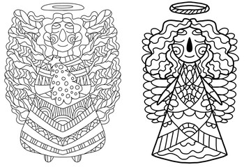 Two angels for christmas pastime for adults and children. Black outline holiday detailed coloring page.