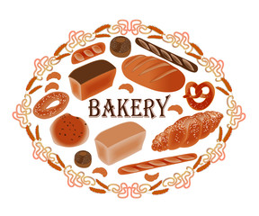 Bakery advertisement. Various bread and pastry in beautiful frame with spikes and swirls.