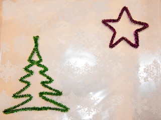 twinkle little star. new year greeting card. christmas tree from tinsel on snowflakes white background. snowy winter weather. merry christmas. xmas congratulation time. festive night