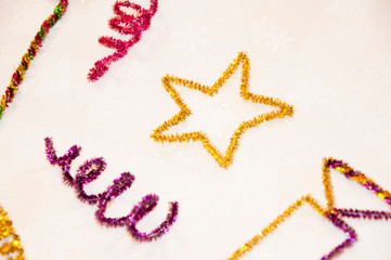 merry christmas. winter shopping time. birthday party. festive christmas background from tinsel. xmas decorative toys. decor toy shop. handmade decoration. diy decoration. home decor. happy new year