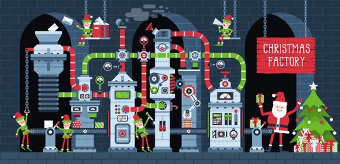 Christmas factory conveyor with working elves. Santa workshop machine production New Year's gifts. Fantastic industry Xmas vector illustration.