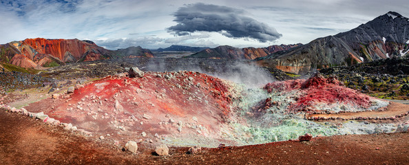 Panoramic view of colorful rainbow like and smoky rhyolite volcanic mountains Landmannalaugar in Icelandic Highlands as pure wilderness in Iceland, summer, scenic view