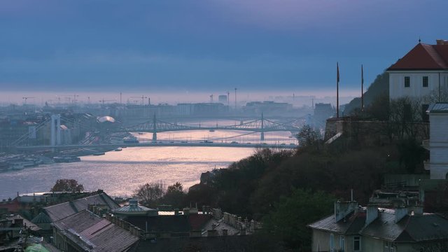 View from the observation deck to the bridges of Budapest on dawn. Hungary