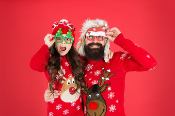 Fatherhood concept. Family wear winter sweaters. Having fun. Christmas memories. Family values. Dad and daughter celebrate new year. Family holiday. Happy family. Small girl and cheerful father man