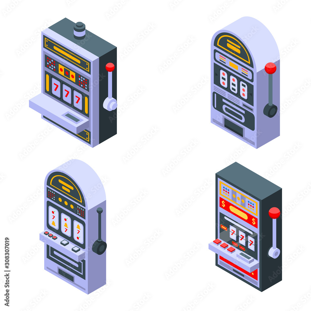 Poster slot machine icons set. isometric set of slot machine vector icons for web design isolated on white 
