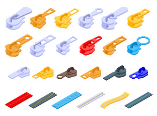 Zipper icons set. Isometric set of zipper vector icons for web design isolated on white background