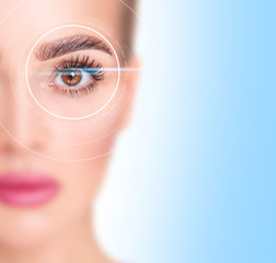 Female eye in digital biometric scanning.
