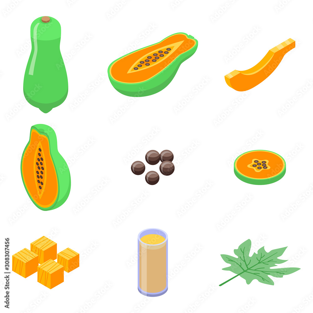Poster papaya icons set. isometric set of papaya vector icons for web design isolated on white background