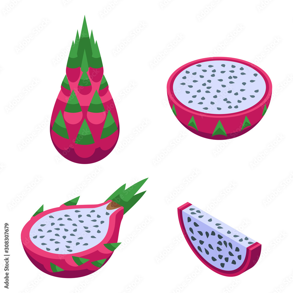 Poster pitaya icons set. isometric set of pitaya vector icons for web design isolated on white background