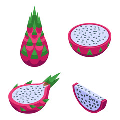 Pitaya icons set. Isometric set of pitaya vector icons for web design isolated on white background