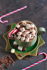 Winter warming sweet drink hot chocolate with marshmallows and cocoa in mug