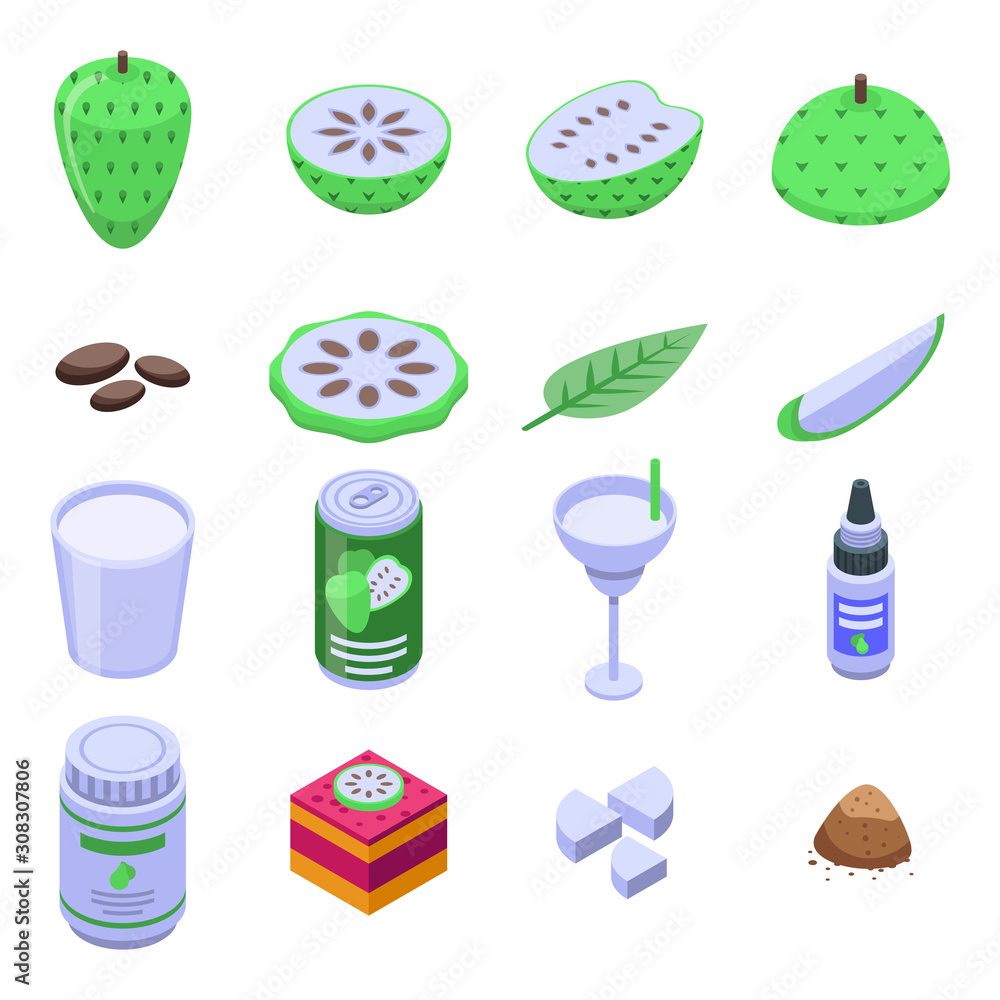 Poster soursop icons set. isometric set of soursop vector icons for web design isolated on white background