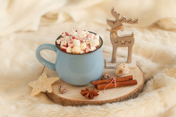 Winter warming sweet drink hot chocolate with marshmallows and cocoa in mug