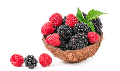 Blackberry and raspberry on the white background.