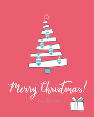 Hand drawn illustration with cartoon Christmas tree with fish toys, lettering text Merry Christmas.