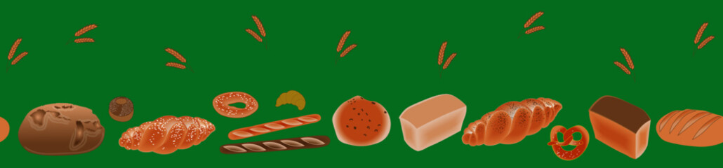 Seamless pattern with appetizing baked goods. Bread and pastry.