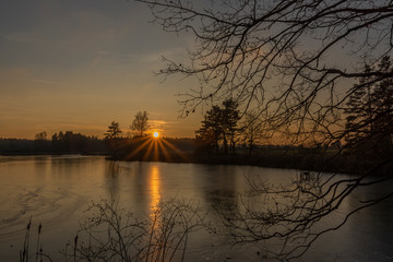 Naklejka na ściany i meble Rouda and Olesnicky novy pond in sunset time in winter evening