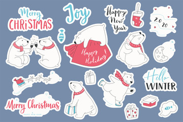 Set of christmas stickers of polar bears. Cartoon collection with cute bears and hand draw lettering Merry Christmas.