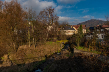 Confluence of Hucivy creek and Ohre river in Perstejn village in winter morning