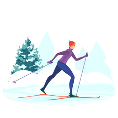 Happy man on cross-country skiing  Winter sports. Healthy lifestyle. Active weekends.