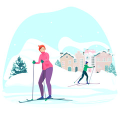Happy woman on cross-country skiing on the background of a cute village and a snowy mountain. Winter sports. Healthy lifestyle. Active weekends.