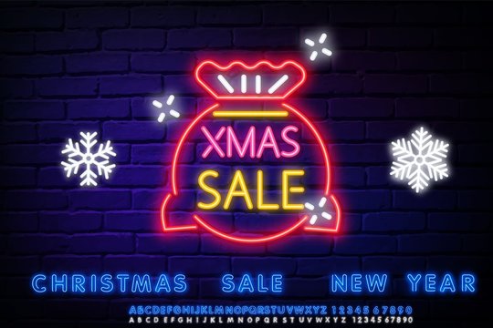 Christmas gift sack neon sign. Bag, snowflake, wrap. Vector illustration in neon style for topics like Xmas, New Year, giving presents