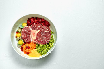 Healthy fresh dog food ingredients in a big white bowl on white background. Raw beef meat, vegetables , eggs and organs. Copy space.