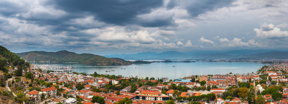 Panoramic view of Fethiye city and the sea bay, panorama from a several shots.