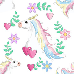 Seamless unicorn pattern. Magic background with cute unicorns, clouds and stars.