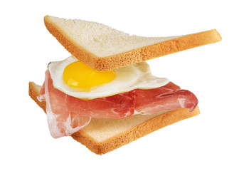 Sandwich with with flying ingredients. Isolated on white background