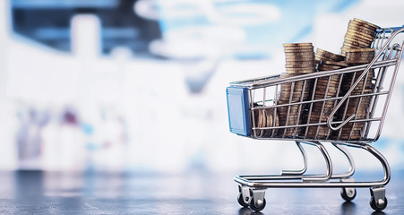 Background shopping trolley. Concept of shopping for groceries and things. Weekend shop.