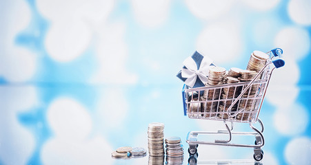 Background shopping trolley. Concept of shopping for groceries and things. Weekend shop.