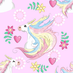 Seamless unicorn pattern. Magic background with cute unicorns, clouds and stars.
