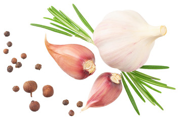 garlic with rosemary, peppercorns and allspice isolated on white background. top view