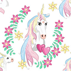 Cartoon seamless pattern. Unicorn with rainbow and clouds, designed print.