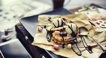 Viennese waffles with filling. Coffee table. A set of fragrant cookies for breakfast for the holiday.
