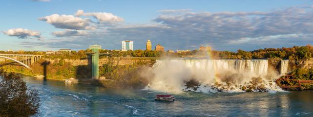 Niagara Falls is a group of three waterfalls at the southern end of Niagara Gorge, between the Canadian province of Ontario and the US state of New York