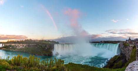 Niagara Falls is a group of three waterfalls at the southern end of Niagara Gorge, between the Canadian province of Ontario and the US state of New York