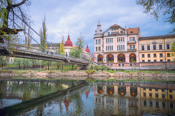 Fototapeta na wymiar Landscape of Oradea City in Romania. River that crosses the city and in the background old buildings and a bridge over the river.