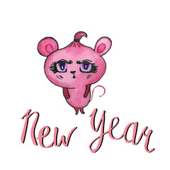 Children's watercolor illustration. Hand-drawn mouse pink. Hand-drawn lettering. New Year 2020. Harvesting poster blank
