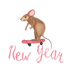Children's watercolor illustration. Hand-drawn mouse . Hand-drawn lettering. New Year . Harvesting poster blank . mouse on a skateboard © Natalis Domini