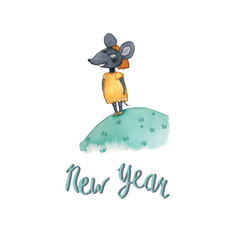 Children's watercolor illustration. Hand-drawn mouse in clothes. Hand-drawn lettering. New Year 2020. Harvesting postcard blank