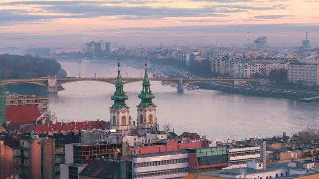 Panoramic view of Budapest in the fall. Margit Bridge at Dawn