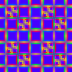Oriental pattern of neon squares and curly crosses on a marine blue background.