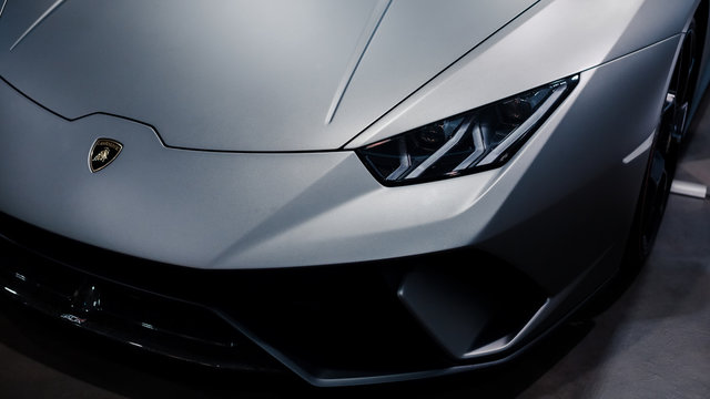 Bologna, Italy - December 8, 2019: Original Lamborghini Huracan Performante. Logo and front grill, headlights. Luxury stylish sport car.