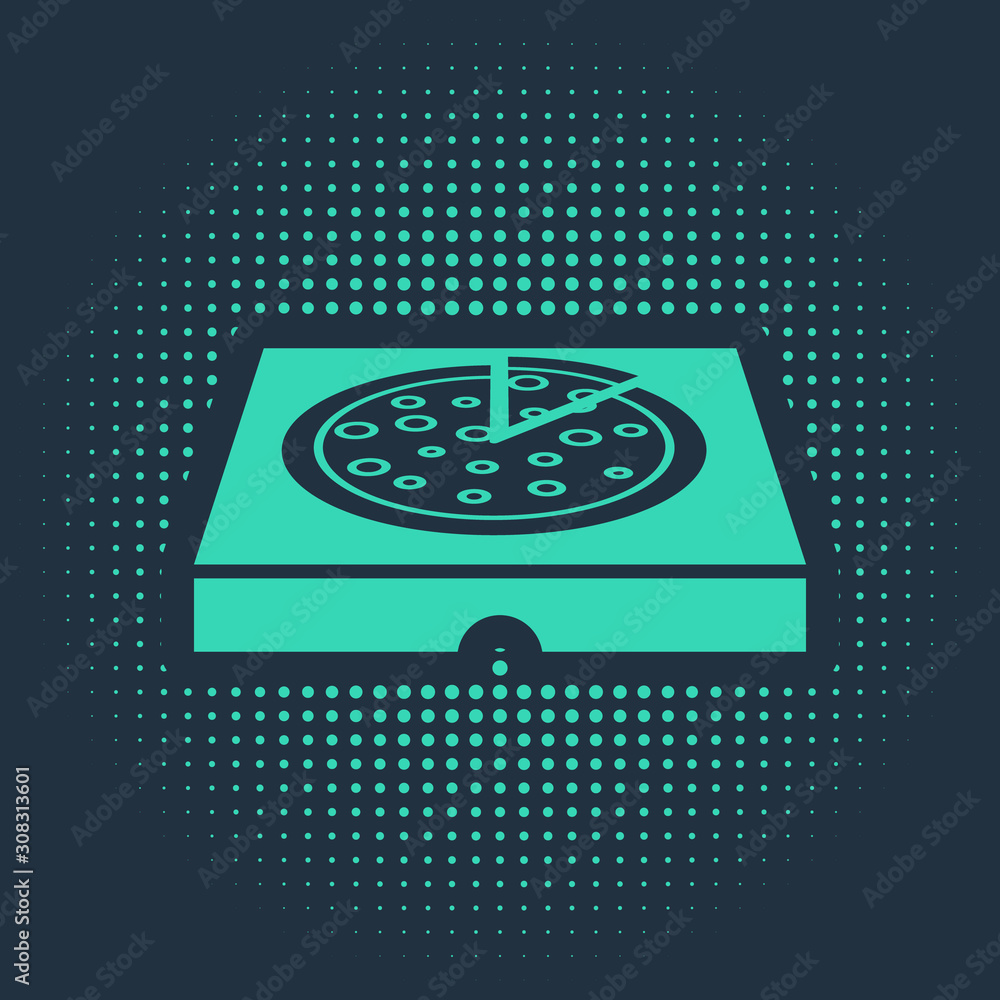 Poster green pizza in cardboard box icon isolated on blue background. box with layout elements. abstract ci