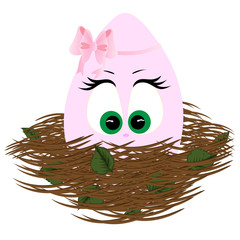 Pink easter egg with cute eyes in the nest. Vector art
